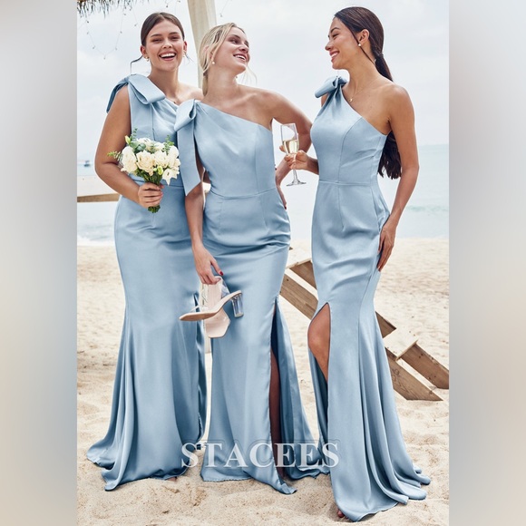 🆕 STACEES Trumpet/Mermaid One-Shoulder Stretch Satin Bridesmaid Dress Bowknot 2 - Picture 11 of 11